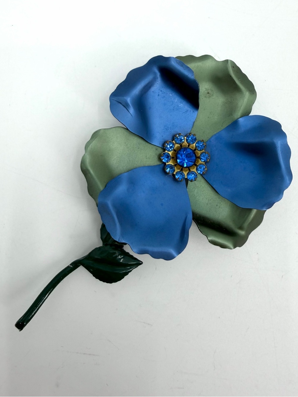 Flower Brooch Blue & Green /w Rhinestone Center Pin Back